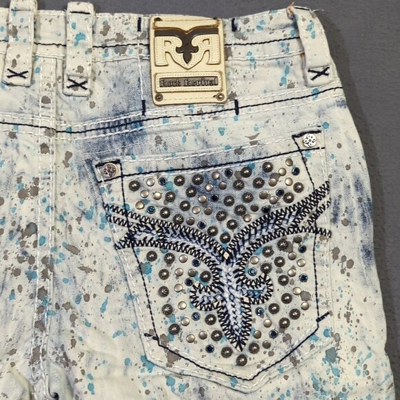 Rock Revival Jean Shorts Mens 36 Blue Granger Distressed Denim Jorts Embellished